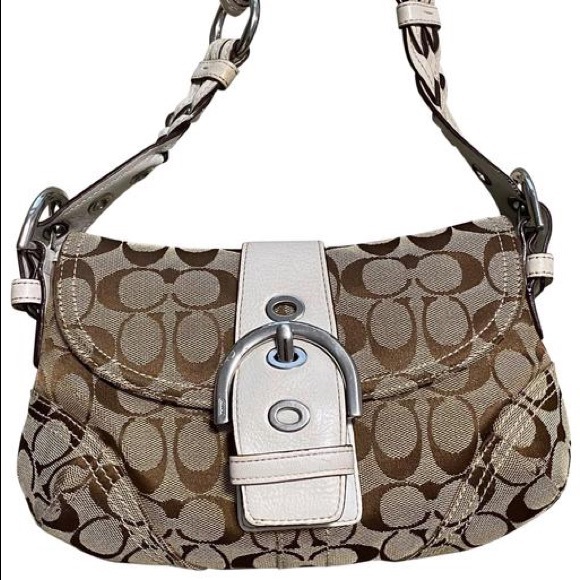 Coach | Bags | Coach Monogram Canvas With White Leather Baguette | Poshmark